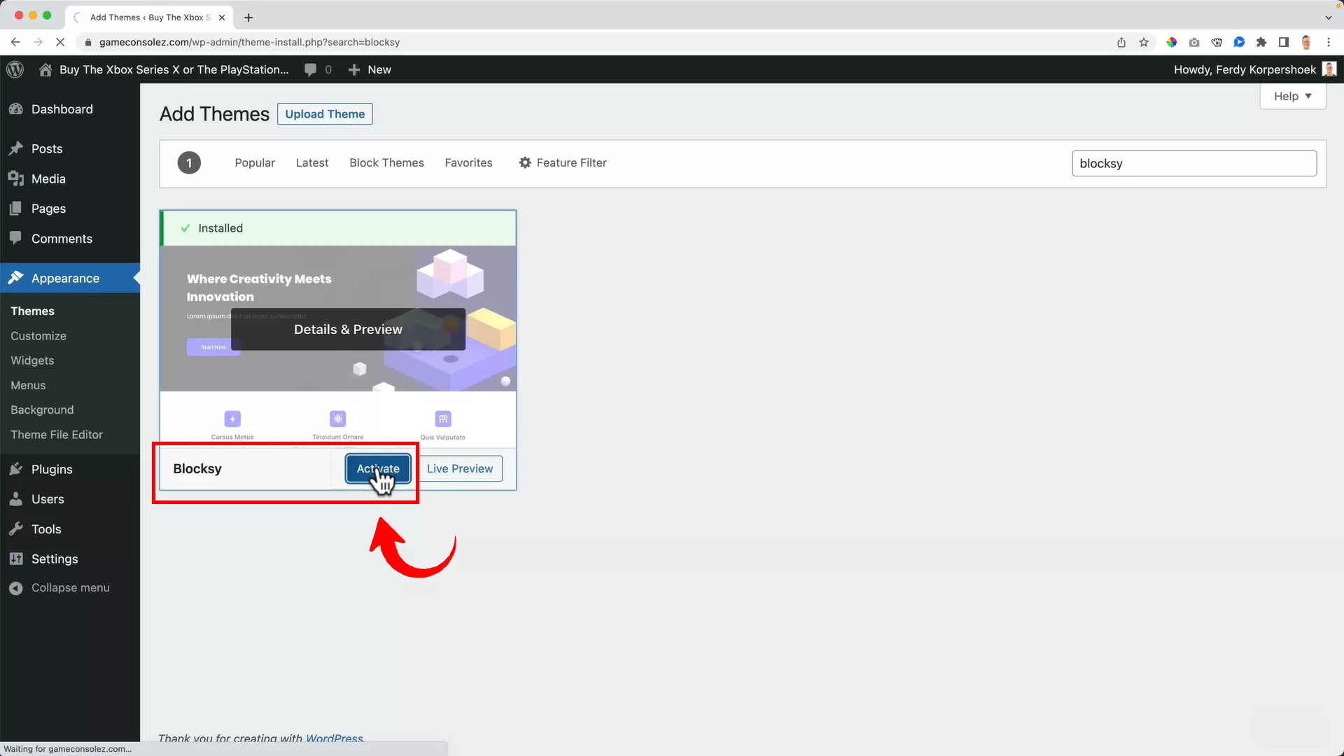 Activate the Blocksy theme on WordPress