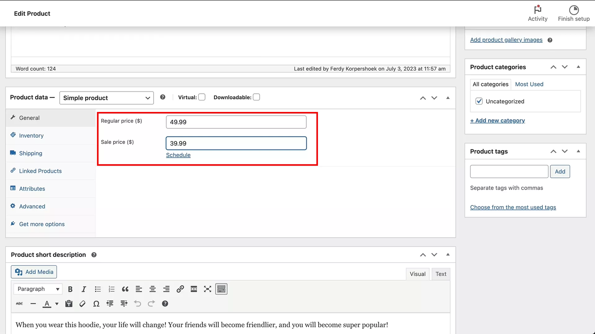 adding a reuglar and sale price to product on WooCommerce