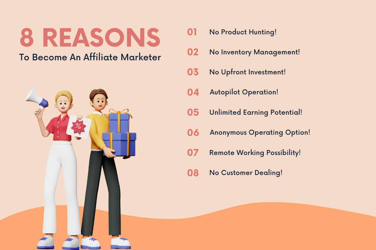 an illustration listing the top 8 reasons to become an affiliate marketer