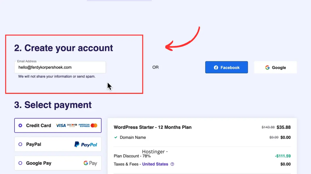 Hostinger account set up