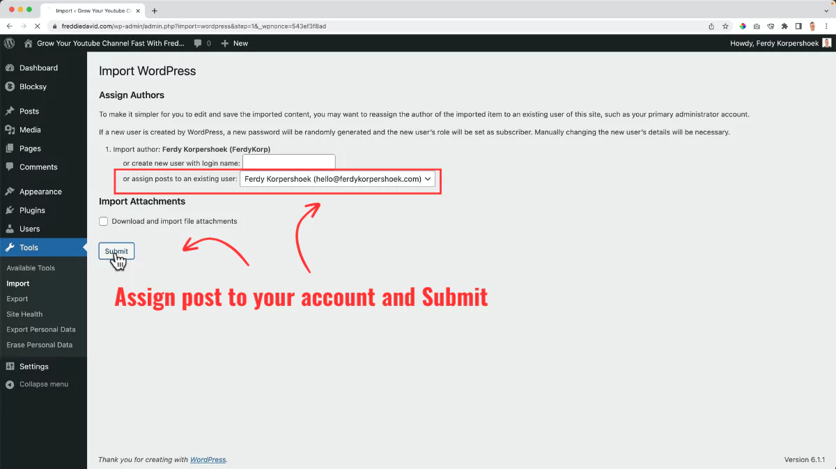 assign post to an existing account on WordPress