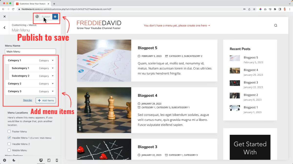 add menu items and publish on WordPress
