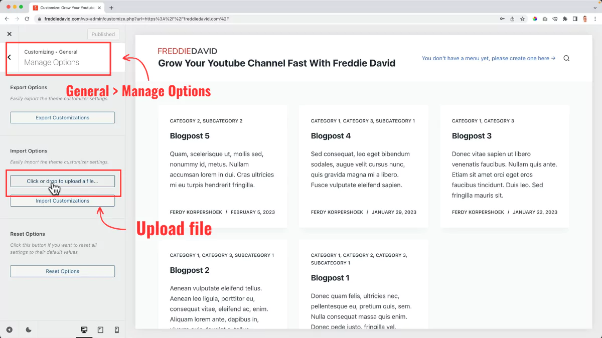 WordPress general options to upload file