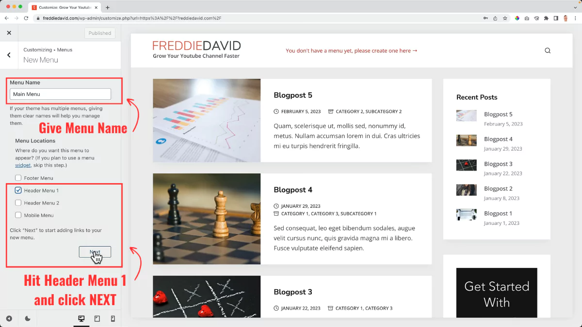 enter menu name on WordPress