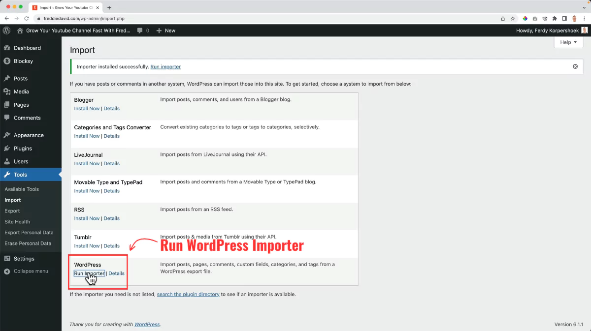 run the WordPress importer